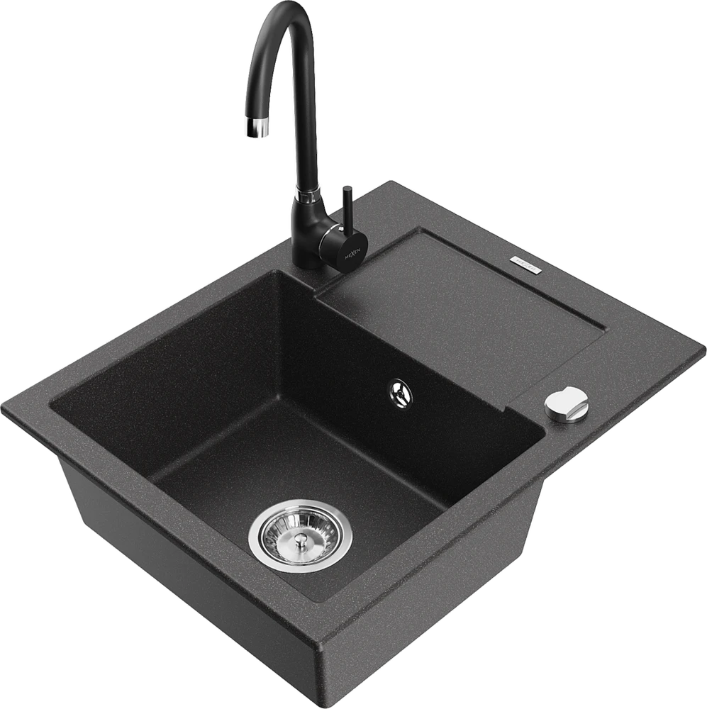 Granitinė virtuvinė plautuvė Mexen Enzo su maišytuvu ir sifonu, Juodas granite+Juodas