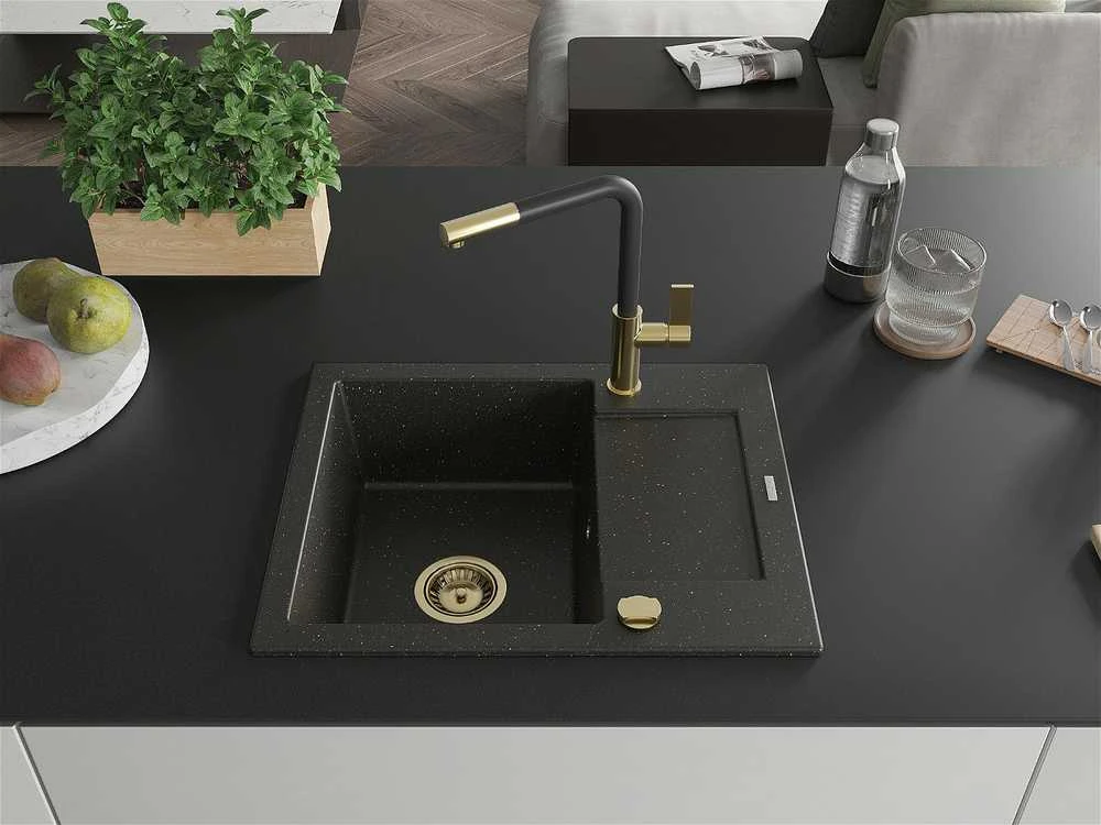 Granitinė virtuvinė plautuvė Mexen Enzo su maišytuvu ir sifonu, Metallic juodas/auksinis+Juodas/Gold