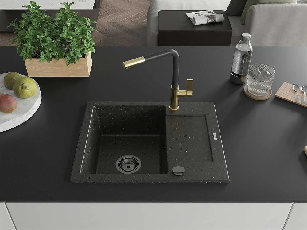 Granitinė virtuvinė plautuvė Mexen Enzo su maišytuvu ir sifonu, Metallic juodas/auksinis+Juodas/Gold