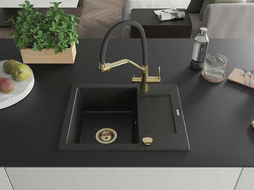 Granitinė virtuvinė plautuvė Mexen Enzo su maišytuvu ir sifonu, Metallic juodas/sidabrinis+Juodas/Gold