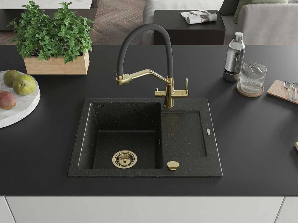 Granitinė virtuvinė plautuvė Mexen Enzo su maišytuvu ir sifonu, Metallic juodas/auksinis+Juodas/Gold