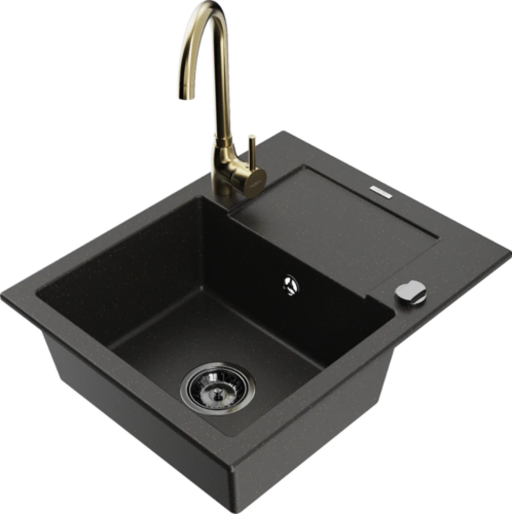 Granitinė virtuvinė plautuvė Mexen Enzo su maišytuvu ir sifonu, Metallic juodas/auksinis+Gold(B)
