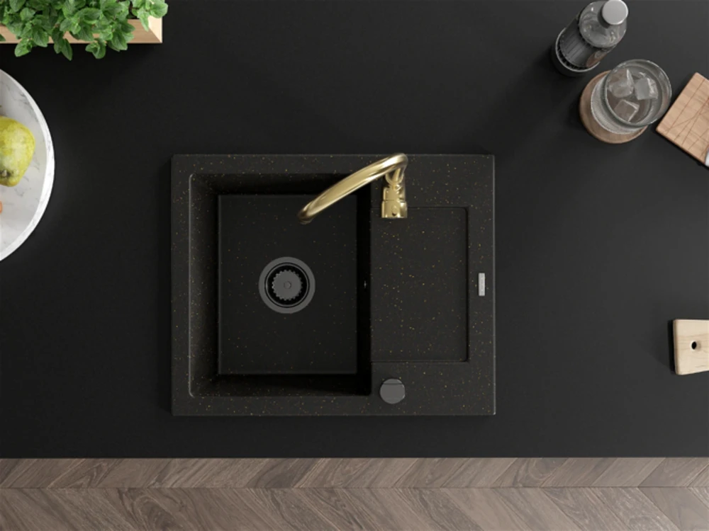 Granitinė virtuvinė plautuvė Mexen Enzo su maišytuvu ir sifonu, Metallic juodas/auksinis+Gold(B)
