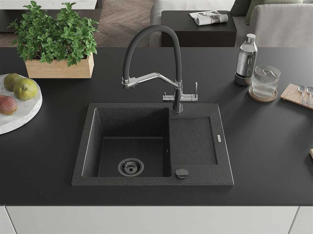 Granitinė virtuvinė plautuvė Mexen Enzo su maišytuvu ir sifonu, Juodas granite+Juodas/Chrome