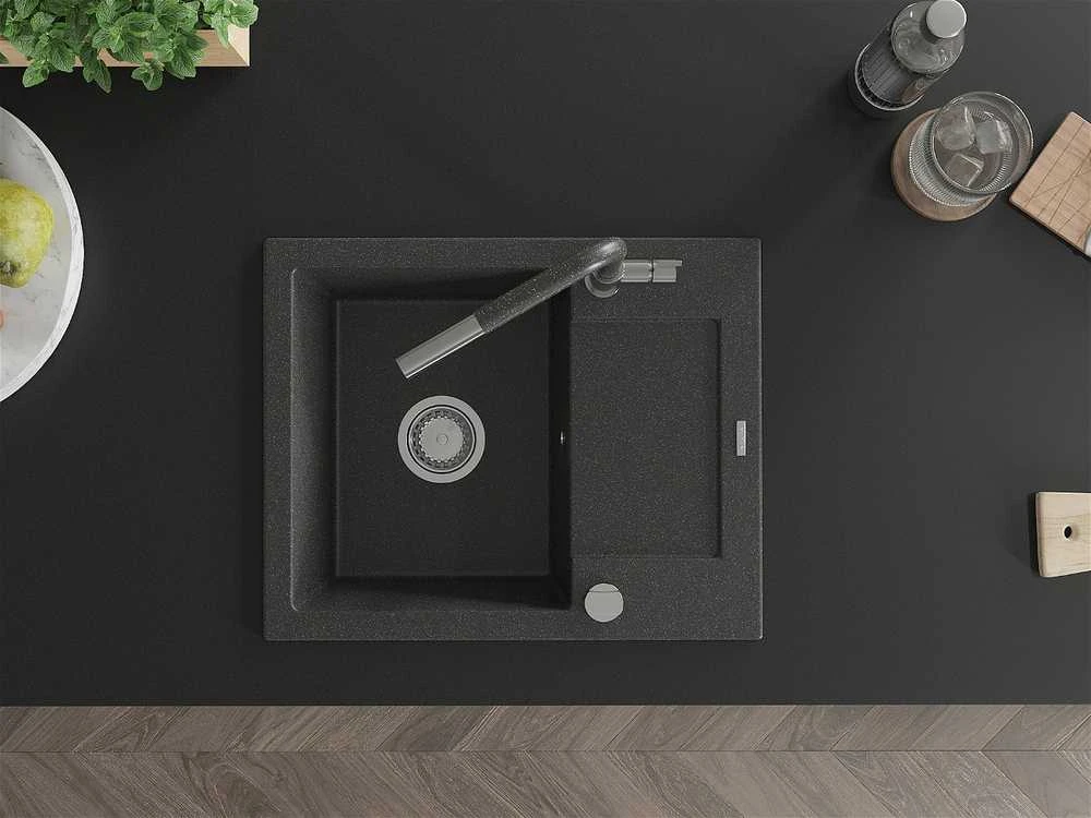 Granitinė virtuvinė plautuvė Mexen Enzo su maišytuvu ir sifonu, Juodas granite+Juodas granite/Chrome