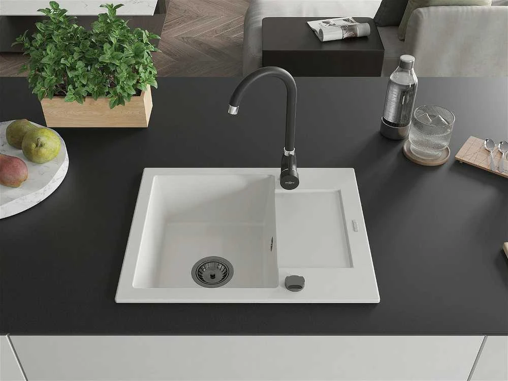 Granitinė virtuvinė plautuvė Mexen Enzo su sifonu, Baltas+Juodas, 576 x 465 mm