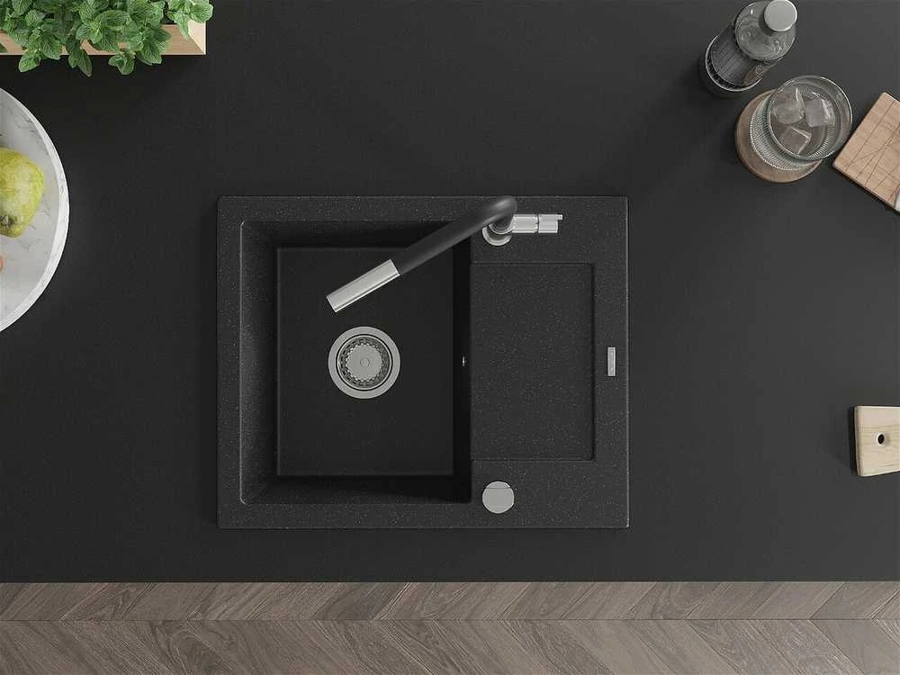 Granitinė virtuvinė plautuvė Mexen Enzo su maišytuvu ir sifonu, Metallic juodas/sidabrinis+Juodas/Chrome