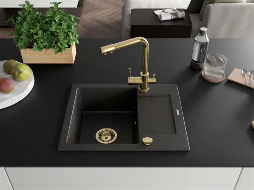 Granitinė virtuvinė plautuvė Mexen Enzo su maišytuvu ir sifonu, Juodas granite+Gold