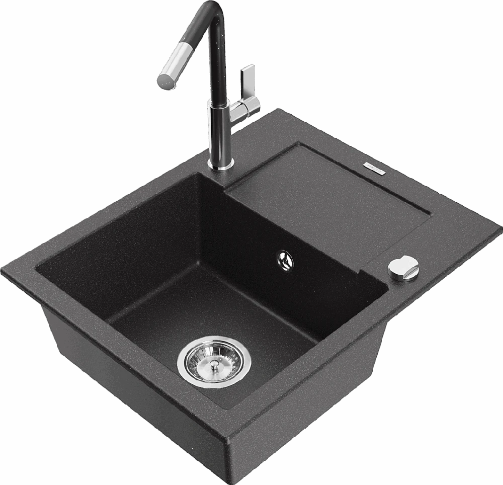 Granitinė virtuvinė plautuvė Mexen Enzo su maišytuvu ir sifonu, Juodas granite+Juodas/Chrome