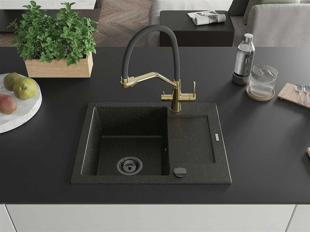 Granitinė virtuvinė plautuvė Mexen Enzo su maišytuvu ir sifonu, Metallic juodas/auksinis+Juodas/Gold