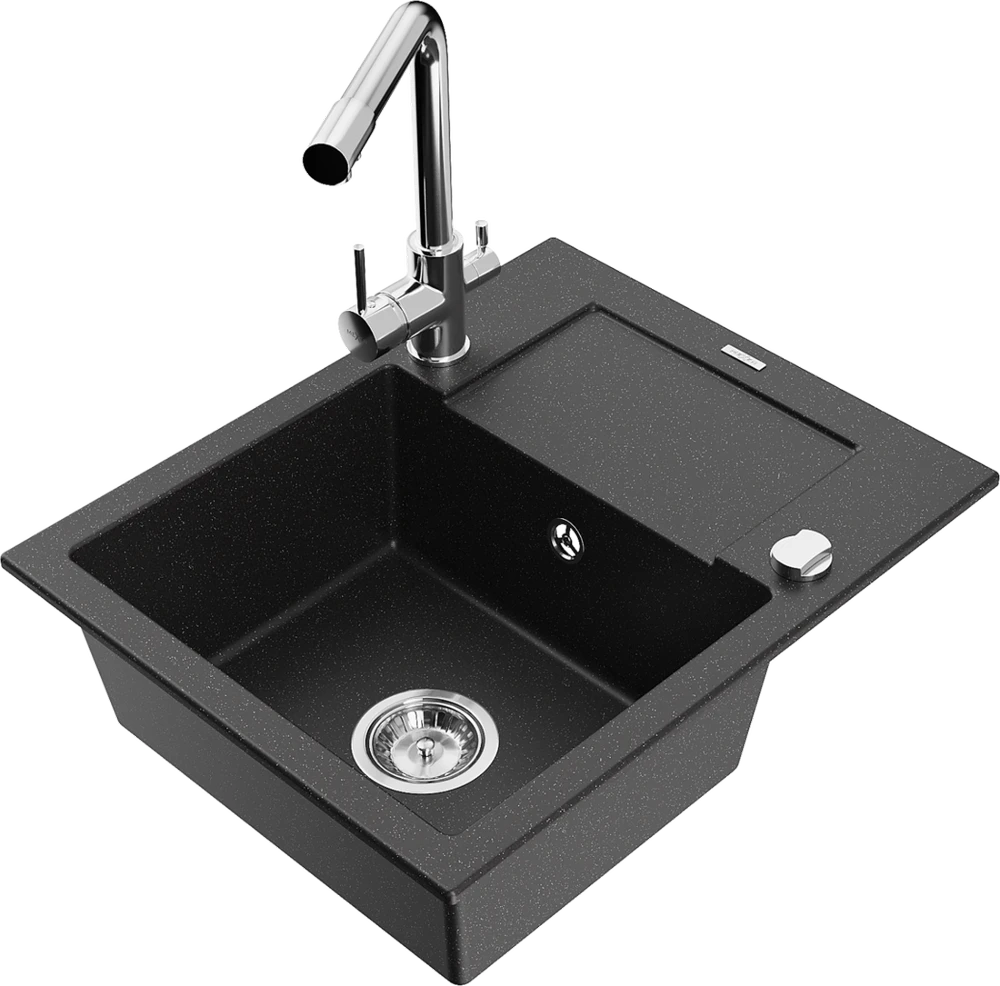 Granitinė virtuvinė plautuvė Mexen Enzo su maišytuvu ir sifonu, Metallic juodas/sidabrinis+Chrome