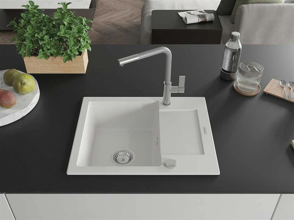 Granitinė virtuvinė plautuvė Mexen Enzo su maišytuvu ir sifonu, Baltas+Pilkas/Chrome