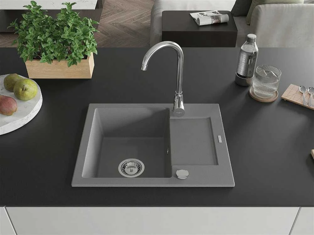 Granitinė virtuvinė plautuvė Mexen Enzo su sifonu, Pilkas, 576 x 465 mm