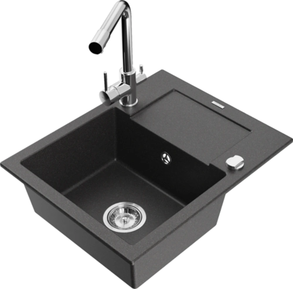 Granitinė virtuvinė plautuvė Mexen Enzo su maišytuvu ir sifonu, Juodas granite+Chrome
