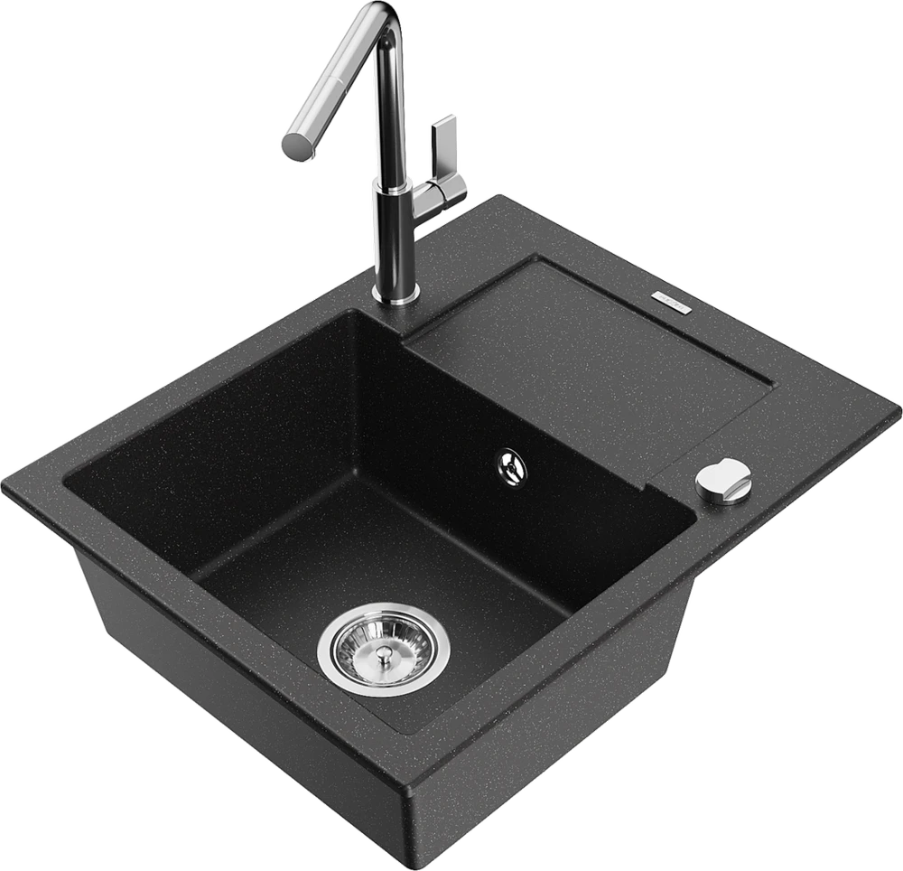 Granitinė virtuvinė plautuvė Mexen Enzo su maišytuvu ir sifonu, Metallic juodas/sidabrinis+Chrome