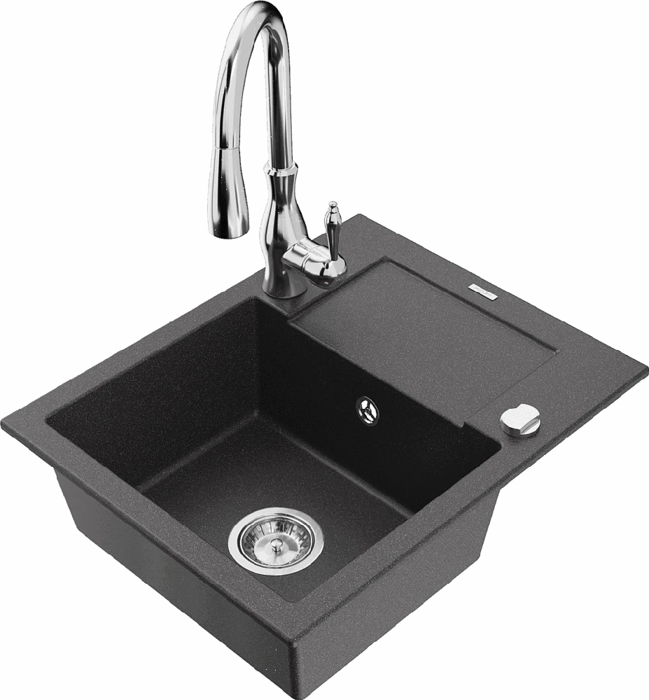 Granitinė virtuvinė plautuvė Mexen Enzo su maišytuvu ir sifonu, Juodas granite+Chrome