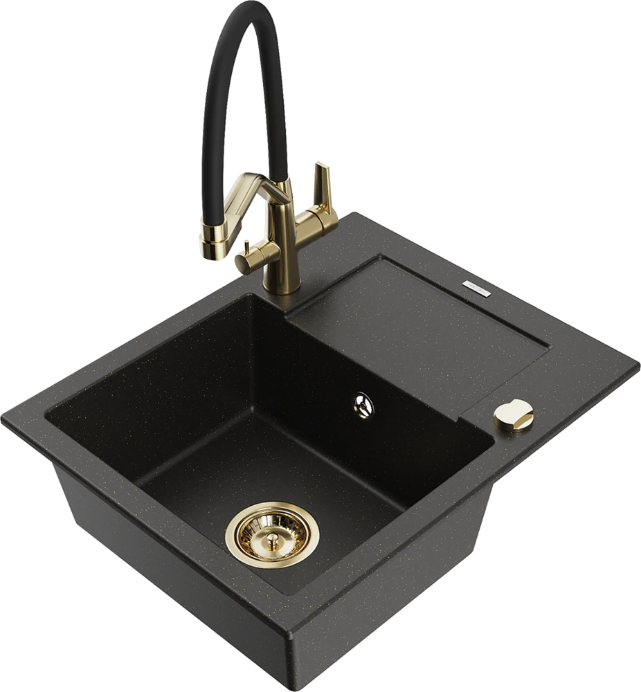 Granitinė virtuvinė plautuvė Mexen Enzo su maišytuvu ir sifonu, Metallic juodas/auksinis+Juodas/Gold