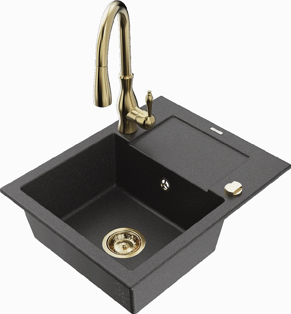 Granitinė virtuvinė plautuvė Mexen Enzo su maišytuvu ir sifonu, Juodas granite+Gold