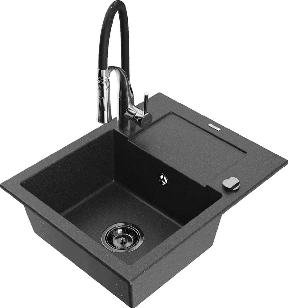 Granitinė virtuvinė plautuvė Mexen Enzo su maišytuvu ir sifonu, Juodas granite+Juodas/Chrome