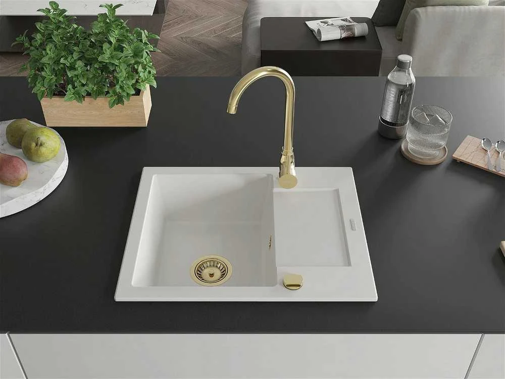 Granitinė virtuvinė plautuvė Mexen Enzo su sifonu, Baltas+Gold, 576 x 465 mm