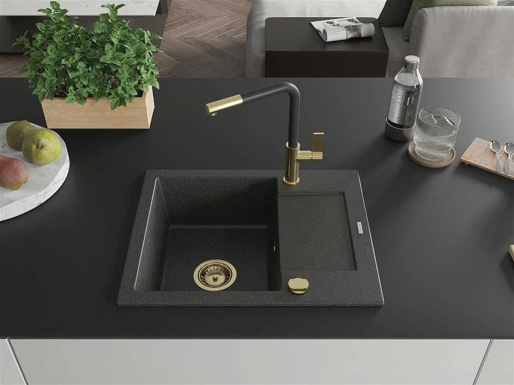 Granitinė virtuvinė plautuvė Mexen Enzo su maišytuvu ir sifonu, Juodas granite+Juodas/Gold