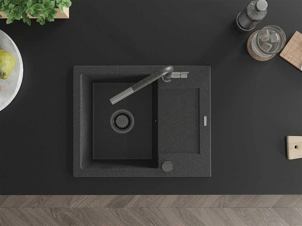 Granitinė virtuvinė plautuvė Mexen Enzo su maišytuvu ir sifonu, Juodas granite+Juodas granite/Chrome