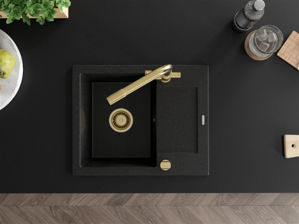 Granitinė virtuvinė plautuvė Mexen Enzo su maišytuvu ir sifonu, Metallic juodas/sidabrinis+Gold