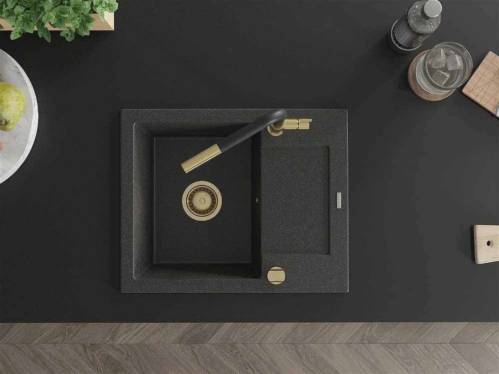 Granitinė virtuvinė plautuvė Mexen Enzo su maišytuvu ir sifonu, Juodas granite+Juodas/Gold