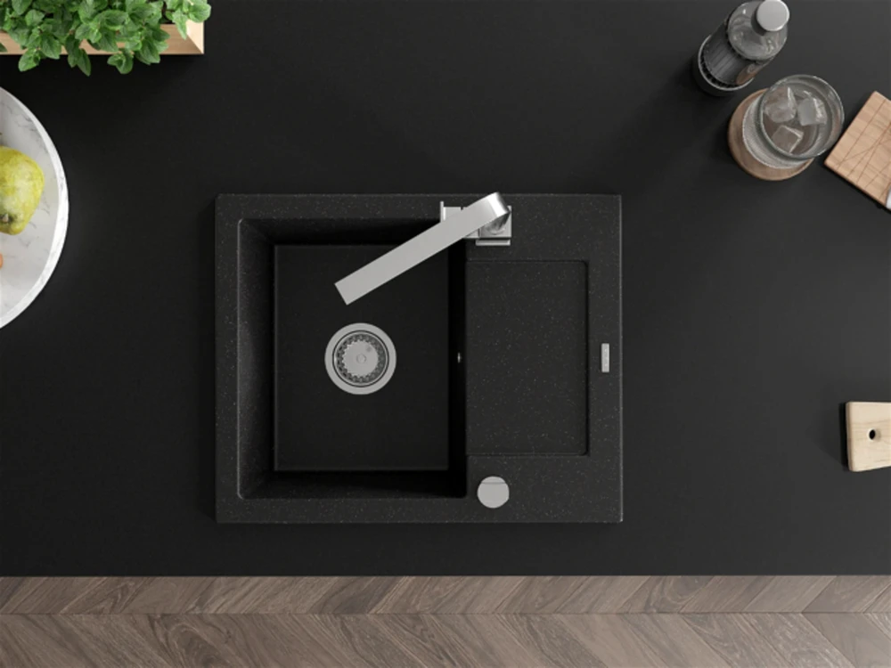 Granitinė virtuvinė plautuvė Mexen Enzo su maišytuvu ir sifonu, Metallic juodas/sidabrinis+Chrome
