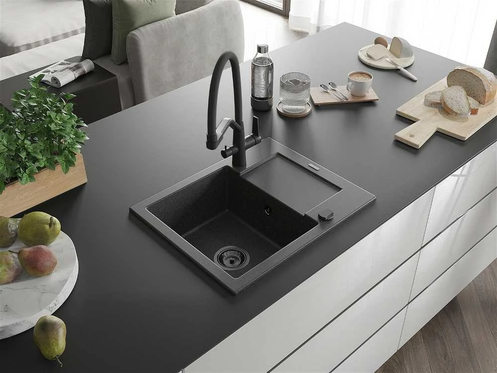 Granitinė virtuvinė plautuvė Mexen Enzo su maišytuvu ir sifonu, Juodas granite+Juodas