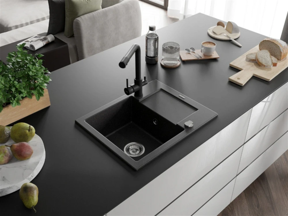 Granitinė virtuvinė plautuvė Mexen Enzo su maišytuvu ir sifonu, Juodas granite+Juodas
