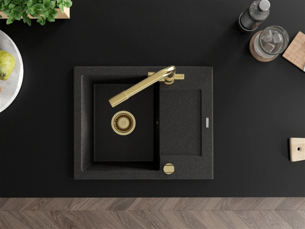 Granitinė virtuvinė plautuvė Mexen Enzo su maišytuvu ir sifonu, Juodas granite+Gold