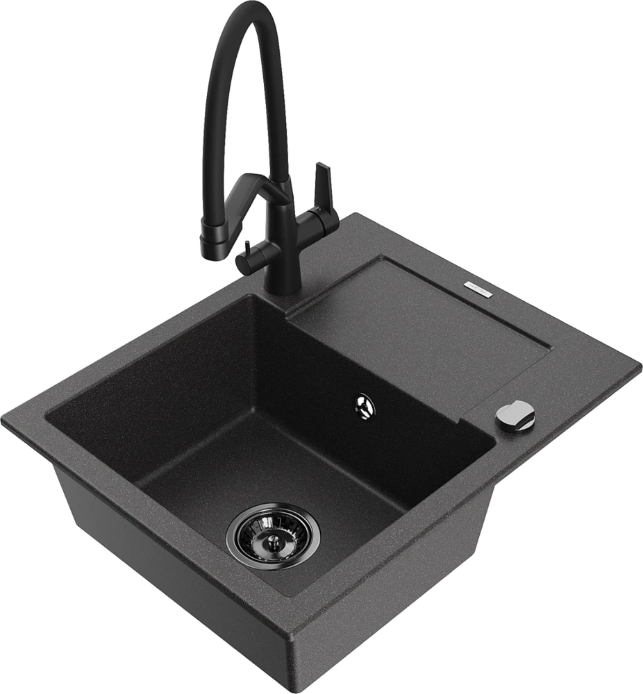 Granitinė virtuvinė plautuvė Mexen Enzo su maišytuvu ir sifonu, Juodas granite+Juodas
