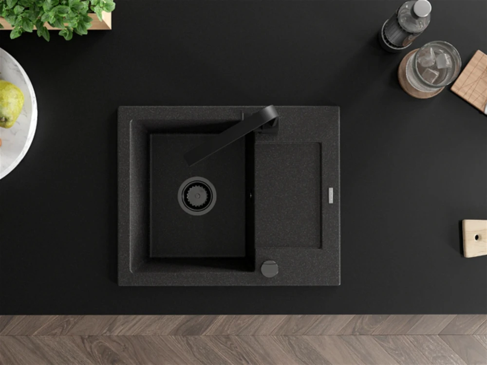 Granitinė virtuvinė plautuvė Mexen Enzo su maišytuvu ir sifonu, Juodas granite+Juodas(B)