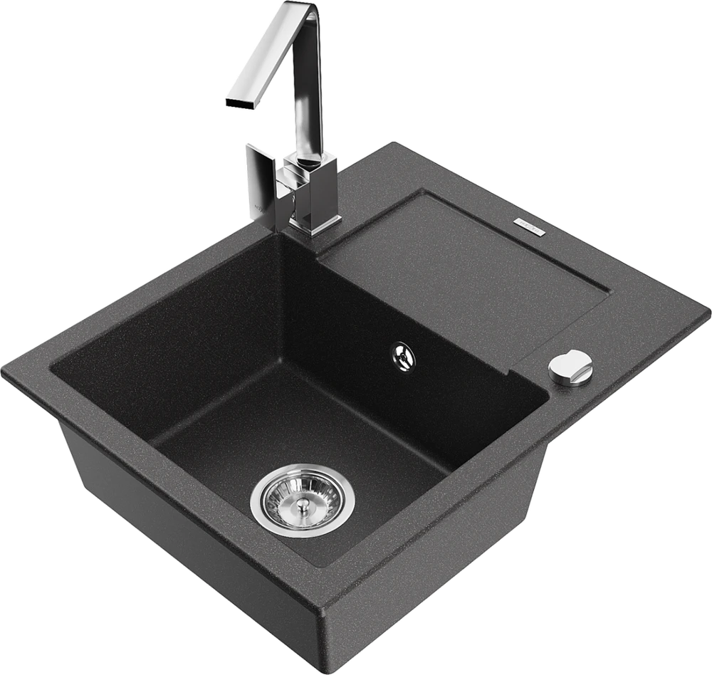 Granitinė virtuvinė plautuvė Mexen Enzo su maišytuvu ir sifonu, Juodas granite+Chrome