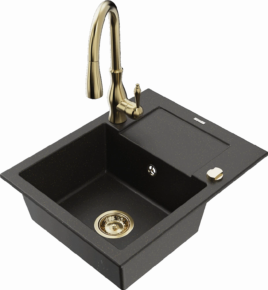 Granitinė virtuvinė plautuvė Mexen Enzo su maišytuvu ir sifonu, Metallic juodas/auksinis+Gold