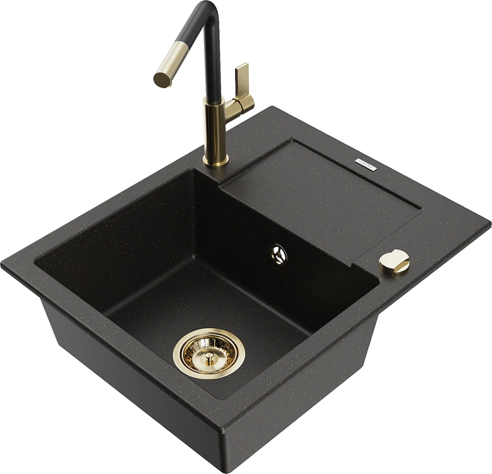 Granitinė virtuvinė plautuvė Mexen Enzo su maišytuvu ir sifonu, Metallic juodas/auksinis+Juodas/Gold