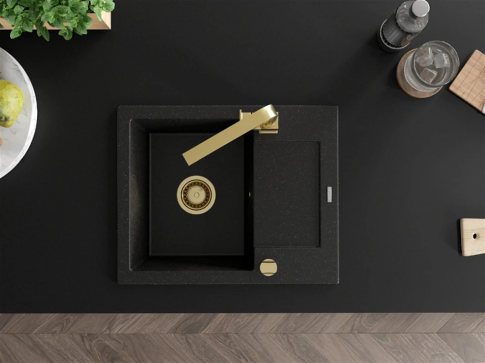 Granitinė virtuvinė plautuvė Mexen Enzo su maišytuvu ir sifonu, Metallic juodas/sidabrinis+Gold