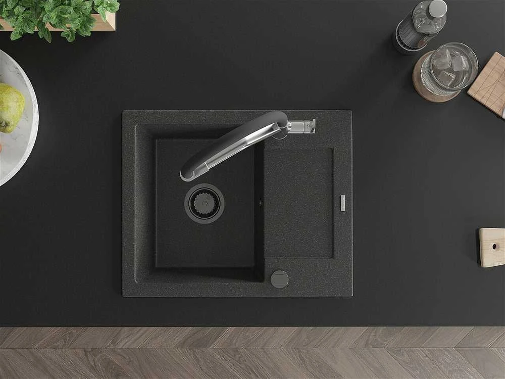 Granitinė virtuvinė plautuvė Mexen Enzo su maišytuvu ir sifonu, Juodas granite+Juodas/Chrome