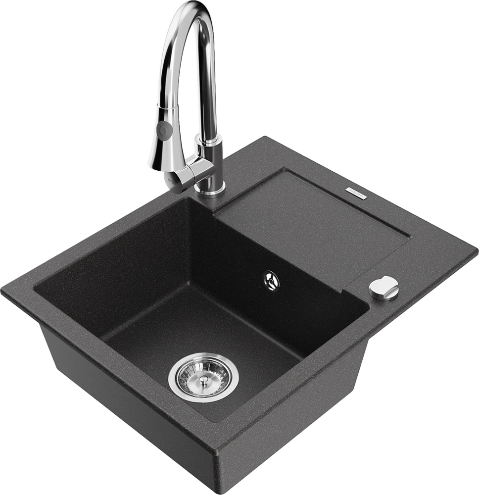 Granitinė virtuvinė plautuvė Mexen Enzo su maišytuvu ir sifonu, Juodas granite+Chrome