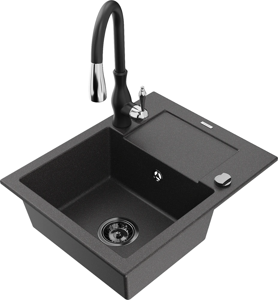 Granitinė virtuvinė plautuvė Mexen Enzo su maišytuvu ir sifonu, Juodas granite+Juodas
