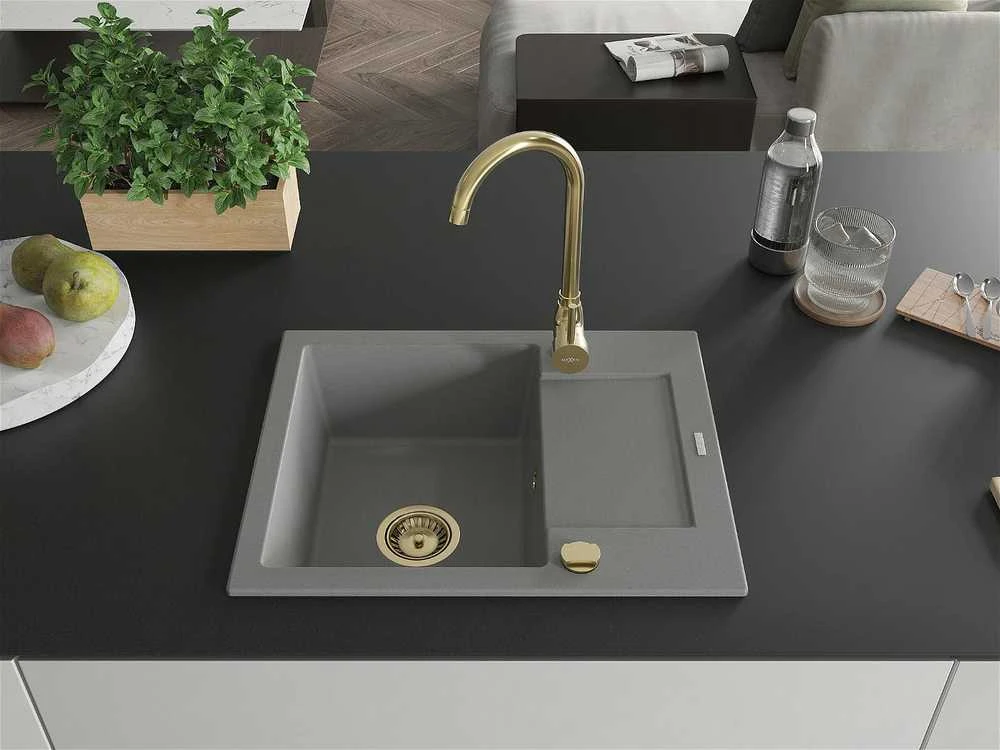 Granitinė virtuvinė plautuvė Mexen Enzo su sifonu, Pilkas+Gold, 576 x 465 mm