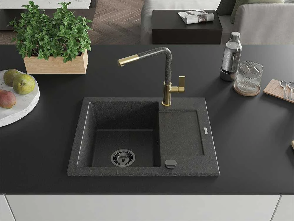 Granitinė virtuvinė plautuvė Mexen Enzo su maišytuvu ir sifonu, Juodas granite+Juodas granite/Gold