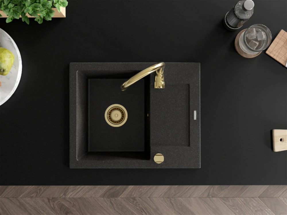 Granitinė virtuvinė plautuvė Mexen Enzo su maišytuvu ir sifonu, Juodas granite+Gold
