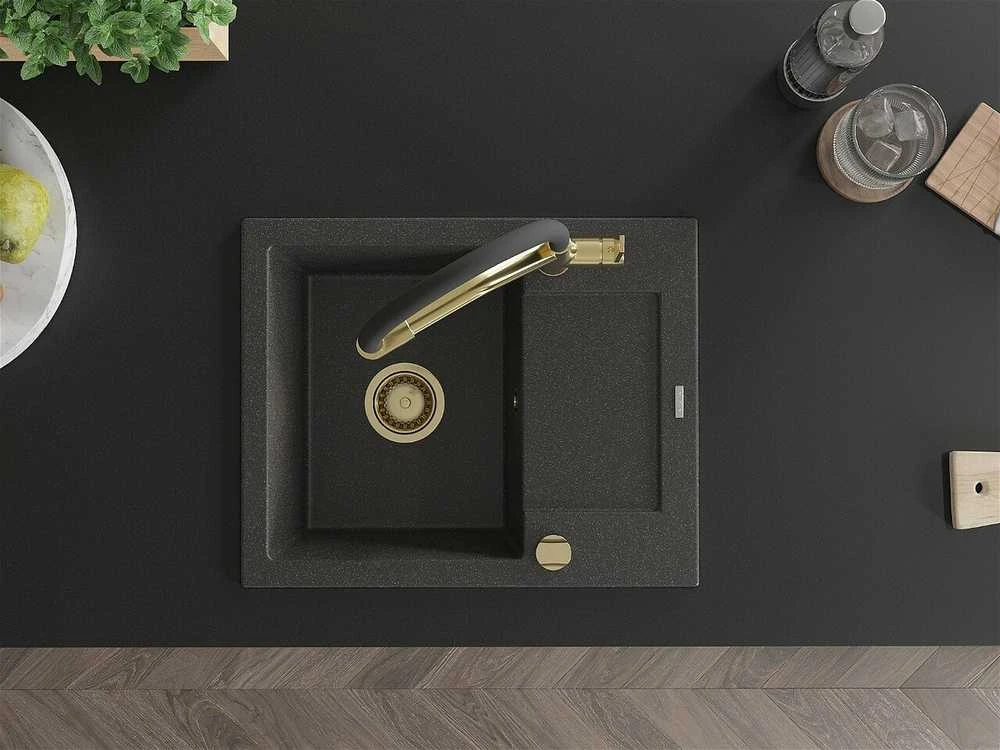 Granitinė virtuvinė plautuvė Mexen Enzo su maišytuvu ir sifonu, Juodas granite+Juodas/Gold