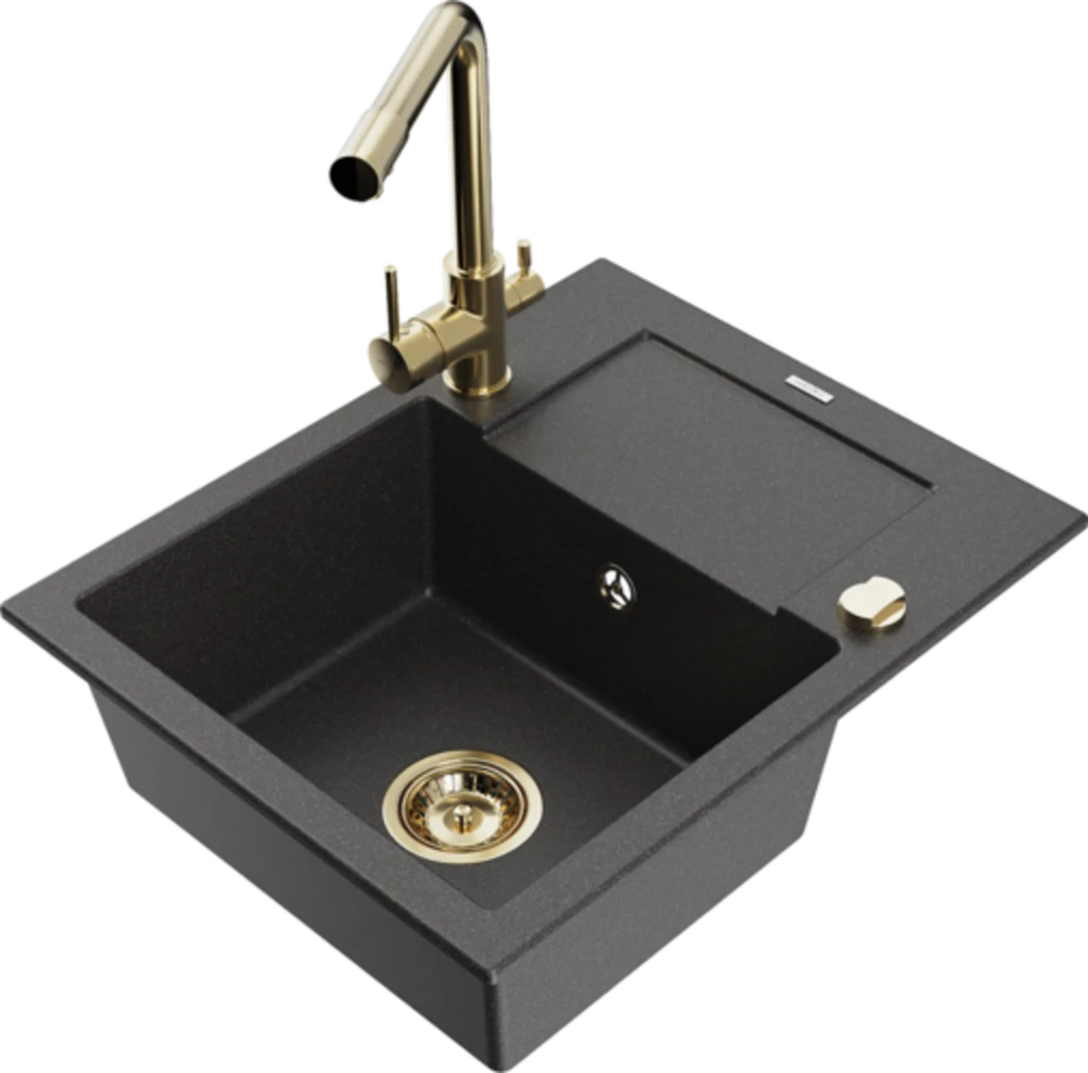 Granitinė virtuvinė plautuvė Mexen Enzo su maišytuvu ir sifonu, Juodas granite+Gold