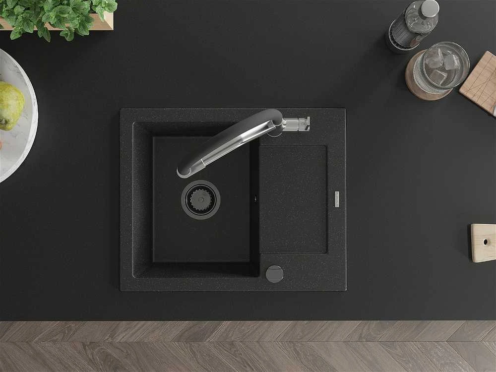 Granitinė virtuvinė plautuvė Mexen Enzo su maišytuvu ir sifonu, Metallic juodas/sidabrinis+Juodas/Chrome