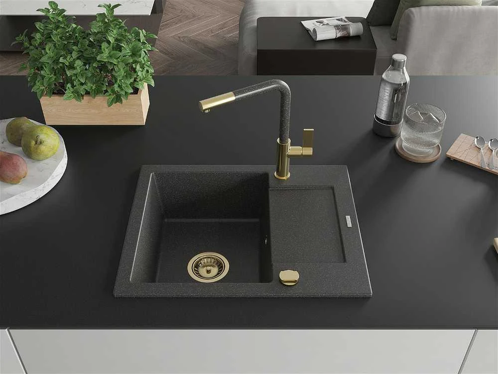 Granitinė virtuvinė plautuvė Mexen Enzo su maišytuvu ir sifonu, Juodas granite+Juodas granite/Gold