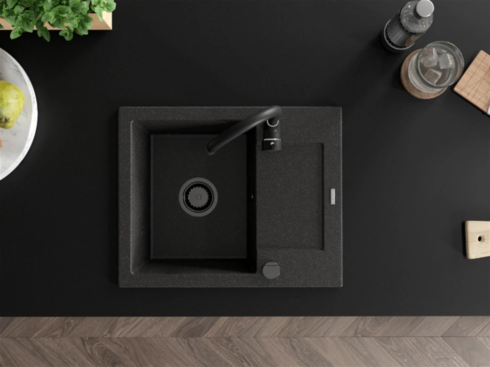 Granitinė virtuvinė plautuvė Mexen Enzo su maišytuvu ir sifonu, Juodas granite+Juodas(B)