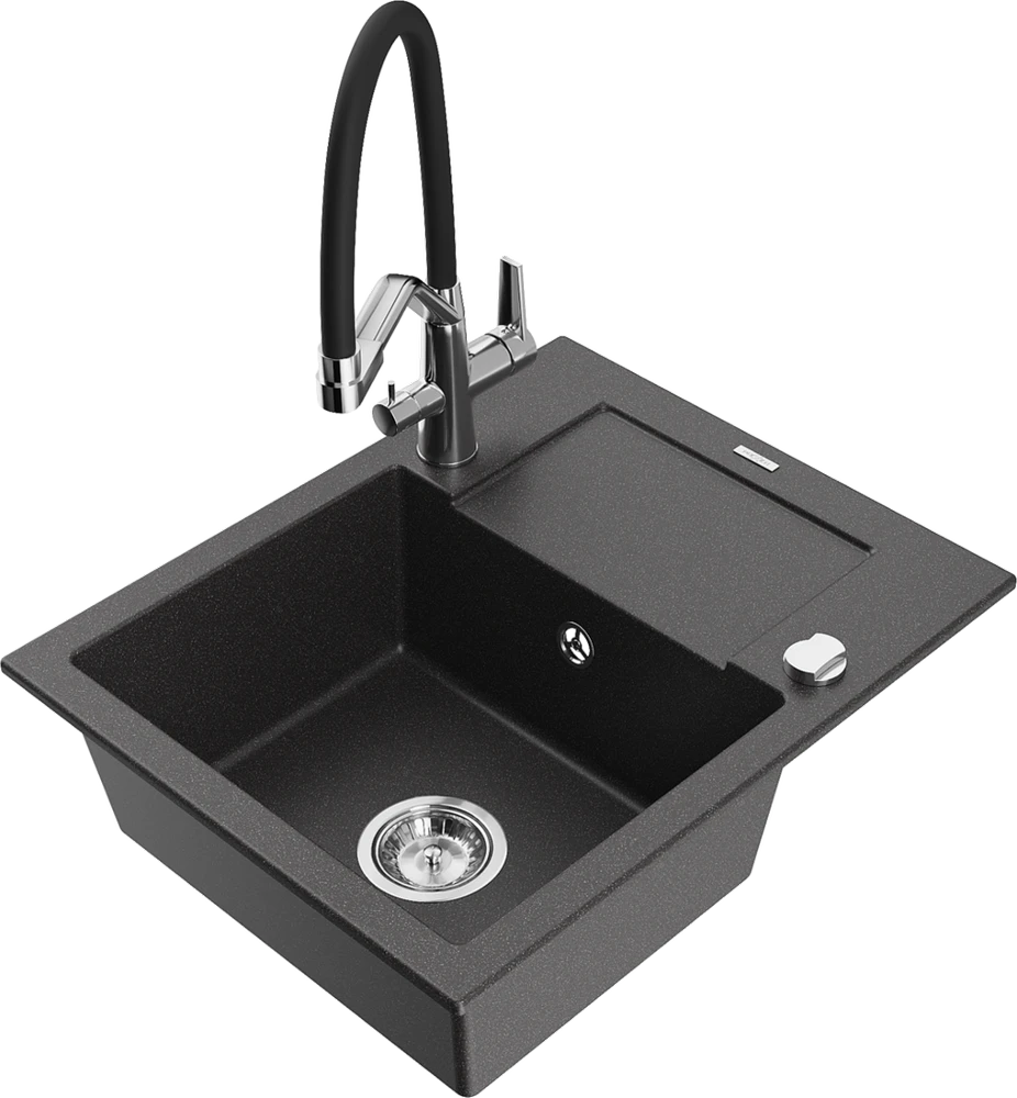 Granitinė virtuvinė plautuvė Mexen Enzo su maišytuvu ir sifonu, Juodas granite+Juodas/Chrome